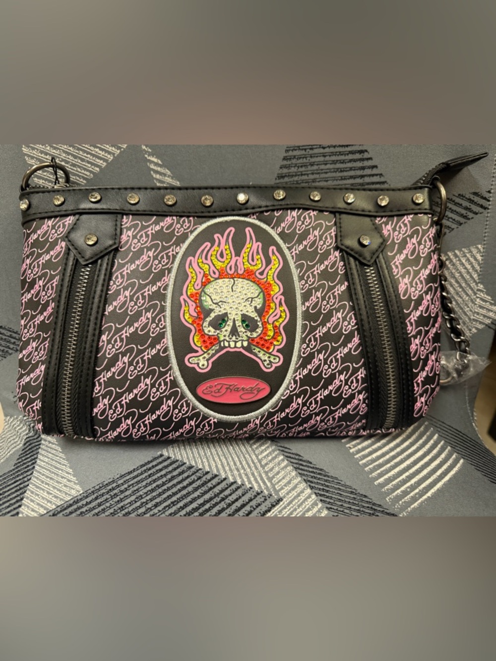 Ed Hardy Black & Pink Skull Flame Shoulder Bag